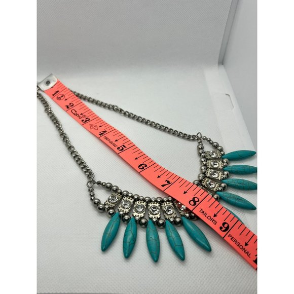 Southwest Faux Turquoise Rhinestone Silver Tone Collar Bib Women's Necklce - Picture 6 of 6